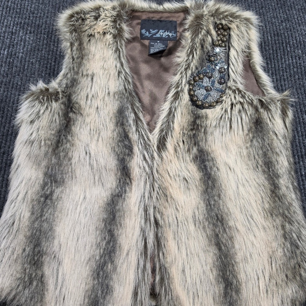 Daytrip Faux Fur Vest Womens Medium Brown Excellent Beaded Sequin Boho Layer